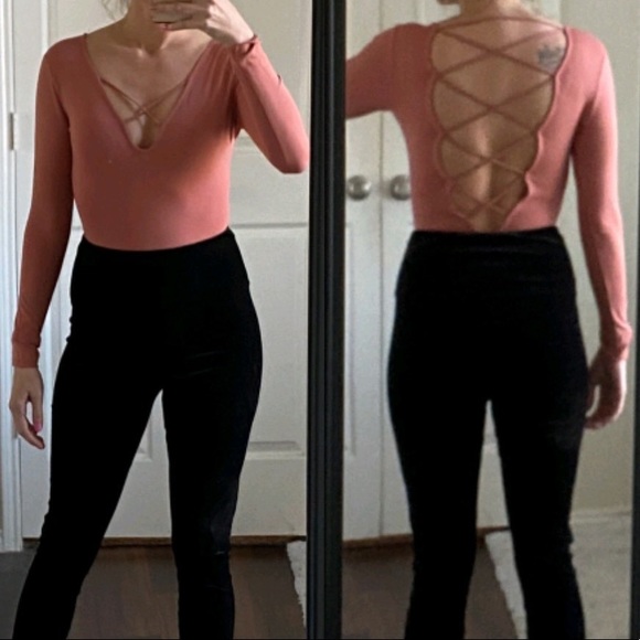 Forever 21 Tops - Dusty pink open back long sleeve bodysuit leotard